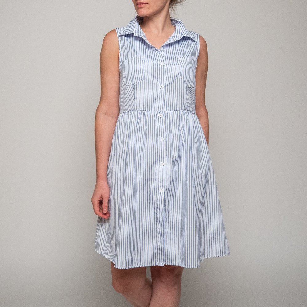 Striped Baby Blue Knee Length Summer Dress